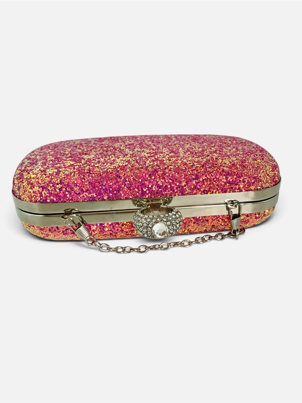 Pink Glitter Ring-Clasp Evening Clutch with Chain - Picture 8 of 9